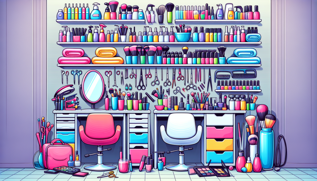 Create an image of a well-organized beauty salon, showcasing essential supplies such as makeup brushes, hair dryers, scissors, nail polish, towels, and skincare products. The scene should be vibrant a