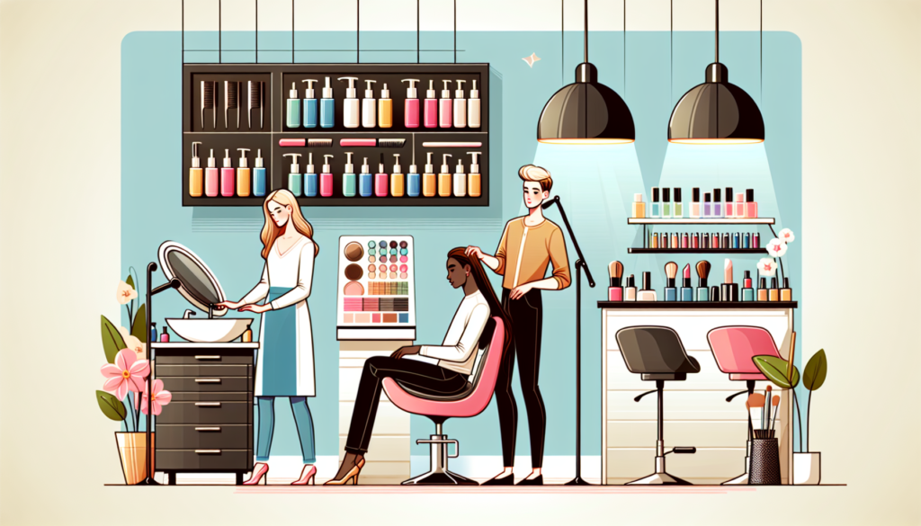 A well-organized professional salon filled with essential beauty supply equipment, including high-end hair styling tools, manicure and pedicure stations, various skincare products, a makeup area with