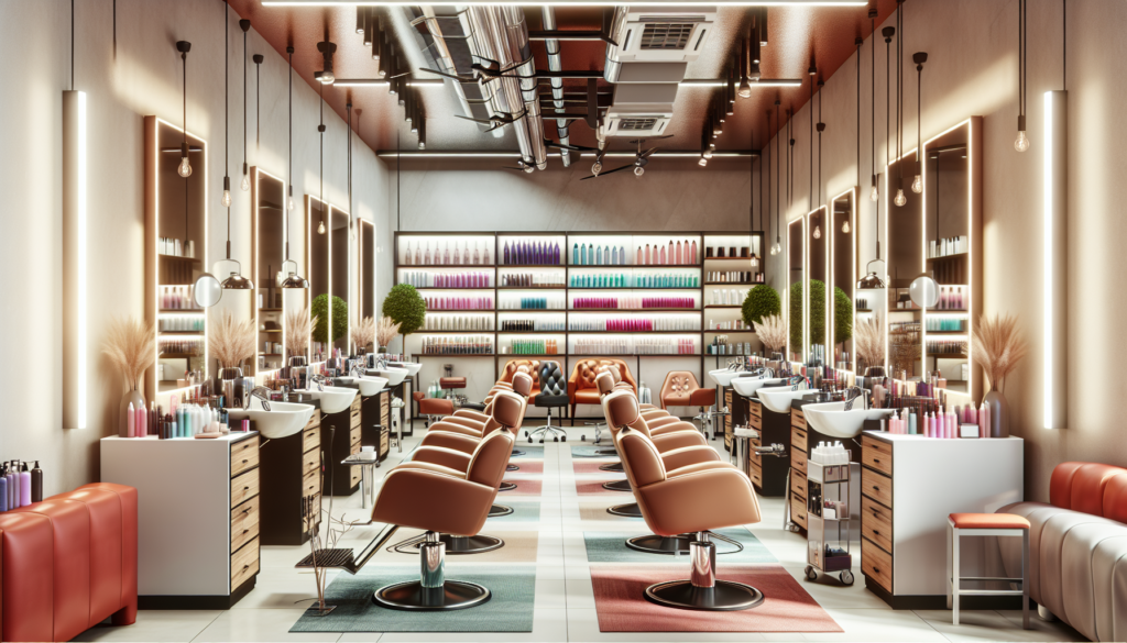 Create a high-definition image of a modern beauty shop interior filled with essential equipment. Include styling chairs, hairdryers, a range of hairdressing tools, mirror stations, manicure and pedicu