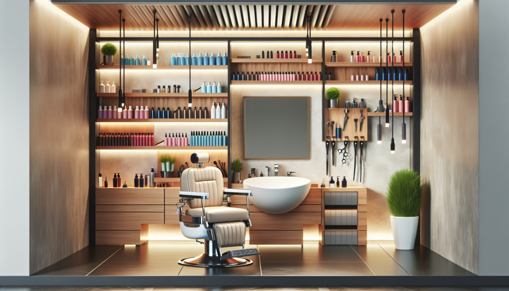 Create a detailed image of a modern barber station with an integrated sink, showcasing essential features such as a comfortable barber chair, well-organized shelves with grooming tools, a large mirror