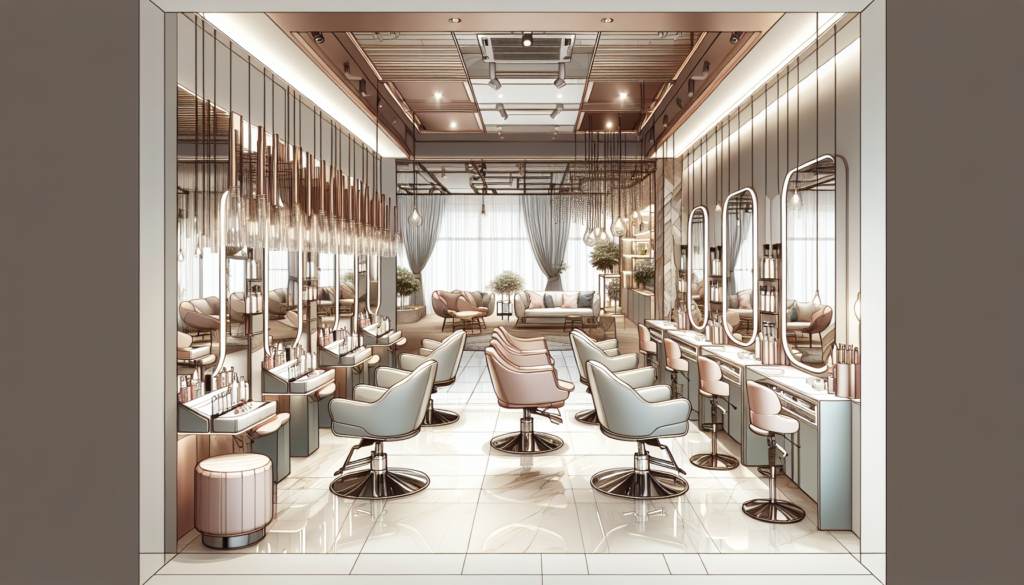 Create an image of a modern beauty salon interior featuring essential furniture and equipment: sleek styling chairs with hydraulic lifts, contemporary salon stations with large mirrors and built-in st