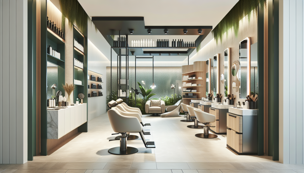 A sleek, modern hair salon showcasing essential furniture and equipment: stylish salon chairs, a minimalist reception desk, sophisticated mirrors with LED lighting, a contemporary hair washing station