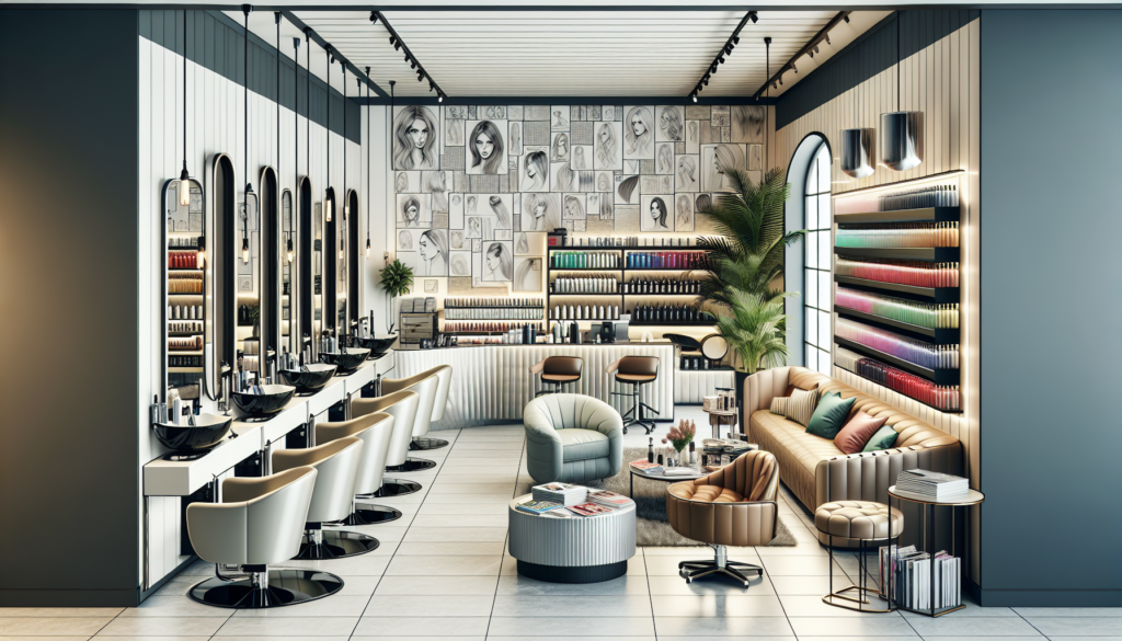 Create an image of a modern hairdressing salon interior showing essential furniture: sleek and stylish hair cutting stations with large mirrors, comfortable and ergonomic salon chairs, a contemporary