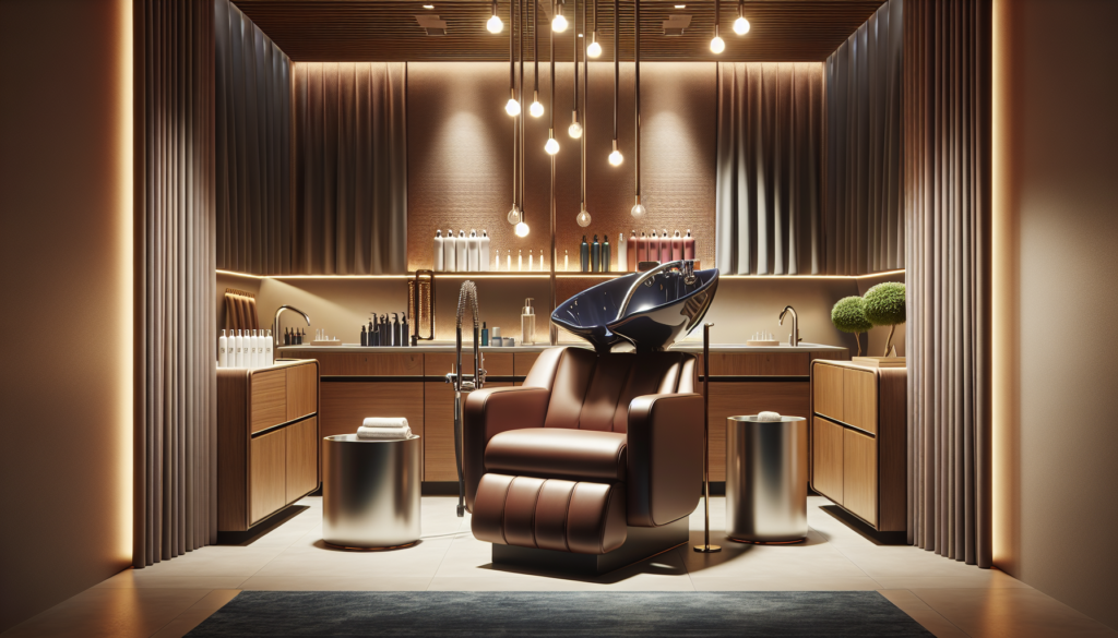 Create an image of a luxurious, modern salon featuring a sleek, ergonomically designed hair wash station. The station should have a comfortable, reclining chair with plush cushioning, a stylish, deep