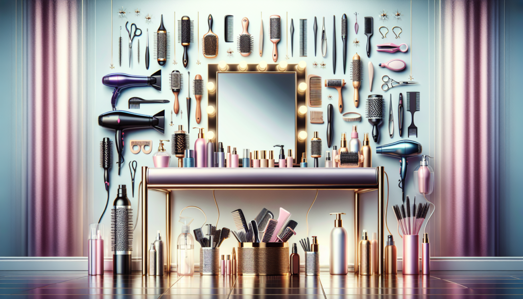 Create an image showcasing a neatly organized vanity table filled with essential hair beauty supplies such as a variety of hairbrushes, combs, hairdryers, curling irons, flat irons, hair clips, bobby