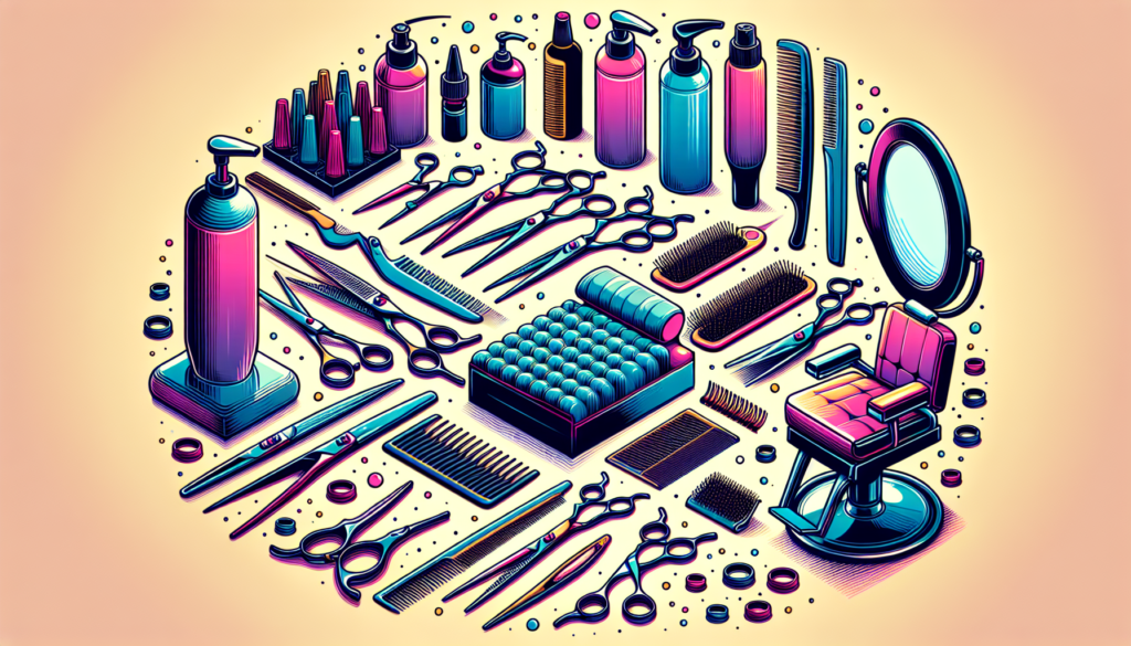 Create a high-quality, detailed illustration of a set of essential hairdresser shears organized neatly on a stylish barber station. Include different types of shears such as thinning shears, texturizi