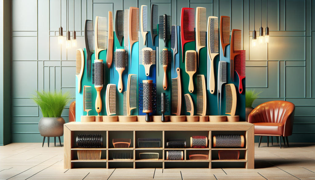 A beautifully arranged collection of essential hairdressing combs on a stylish wooden table, with each comb labeled for its specific use. The image should include a variety of combs such as wide-tooth