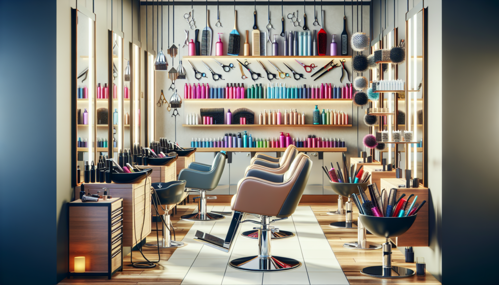 Create a detailed image of a modern hair salon interior, showcasing essential hairdressing equipment such as scissors, combs, hairdryers, curling irons, hair straighteners, styling chairs, mirrors, an