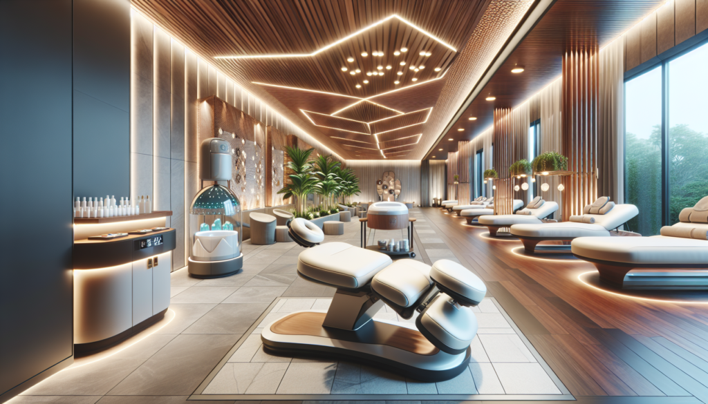 Create an image of a modern, luxurious spa with Minerva-branded equipment. Include elegant massage tables, high-end facial steamers, comfortable loungers, and a serene ambiance with soft lighting and