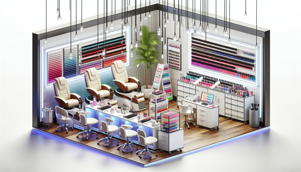 Create an image of a professional nail salon showcasing essential equipment packages, including manicure stations, pedicure chairs, UV/LED lamps, nail polish displays, nail art tools, and storage cabi
