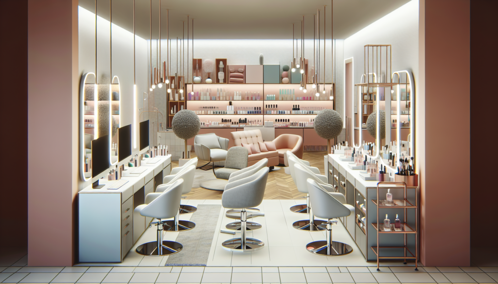 A high-resolution image of a modern and chic beauty salon interior. The scene includes essential salon furniture and equipment such as ergonomic salon chairs, stylish mirrors with built-in lights, dur