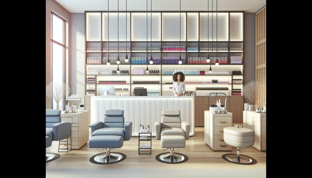 Create an image of a modern, well-organized salon spa interior showcasing essential equipment including massage tables, styling chairs, manicure and pedicure stations, a reception desk with a friendly