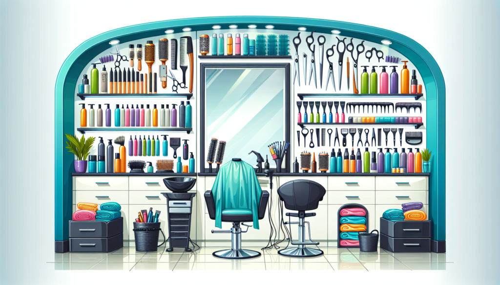 A fully equipped modern hair salon with various essential supplies neatly organized, including scissors, combs, brushes, hair dryers, curling irons, hair straighteners, a variety of hair products on s