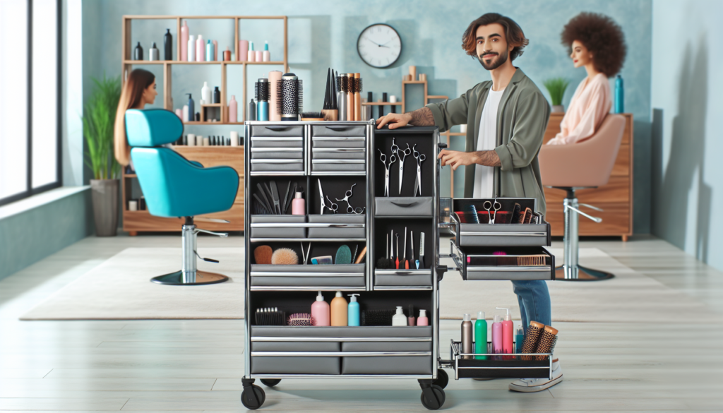 An elegantly organized salon interior featuring a stylish hairdressing trolley with multiple compartments. The trolley is stocked with various hairdressing tools such as scissors, combs, brushes, and