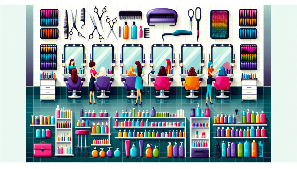 Create an image of a stylish, modern salon interior. Display a variety of essential hairdressing supplies, including scissors, combs, brushes, hairdryers, curling irons, shampoos, conditioners, and ha