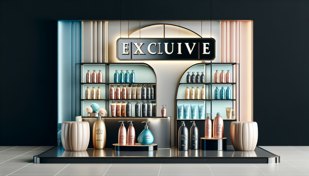 Create an image of a sleek and modern beauty salon interior featuring Aveda hair products prominently displayed on elegant shelves. Add a stylish sign that reads Exclusive Discounts in bold, eye-catch