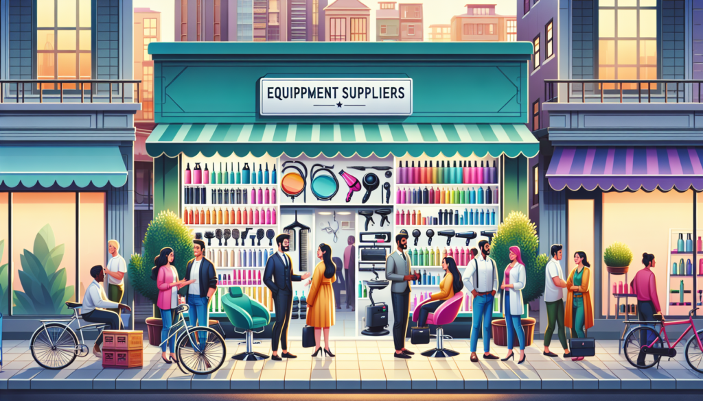 A vibrant scene of a modern beauty salon storefront with a sign that reads Equipment Suppliers in a bustling local market. Outside the store, there are colorful displays of various salon equipment lik