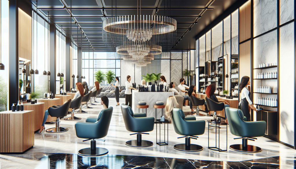 Create an illustration of a chic, modern salon interior showcasing high-quality furniture. Include stylish salon chairs, sleek workstations, elegant mirrors, and comfortable waiting area seating. High