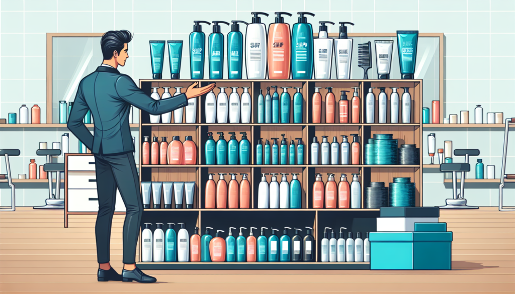 Create an image depicting a professional hair salon with a variety of Redken products on display. Highlight a trustworthy-looking distributor showcasing the Redken items to a salon owner. The scene sh