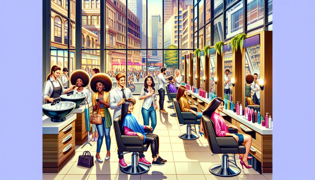 A bustling, modern hair salon filled with high-quality, sleek salon equipment such as ergonomic styling chairs, advanced hair dryers, and stylish mirrors. The scene depicts a welcoming atmosphere with