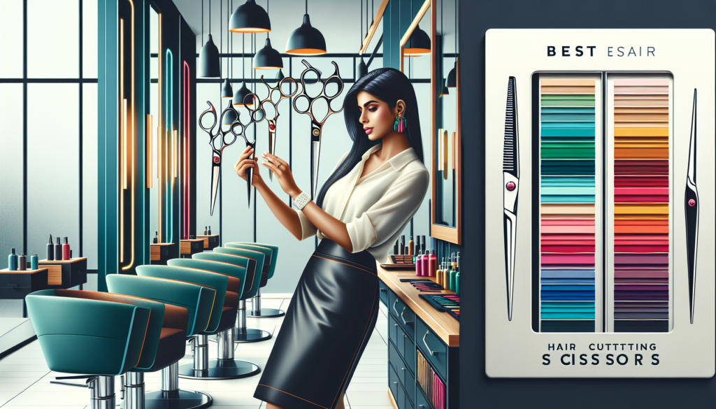Create an image of a modern, well-lit hair salon interior with a focus on a stylish display of various high-quality hair cutting scissors. The display should include signage that says 'Best Hair Cutti