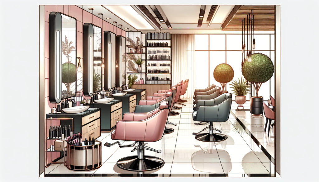 Create an image of a modern hair salon interior with stylish and ergonomic salon furniture, including comfortable chairs, sleek mirrors, and chic workstations, exuding a welcoming and professional amb