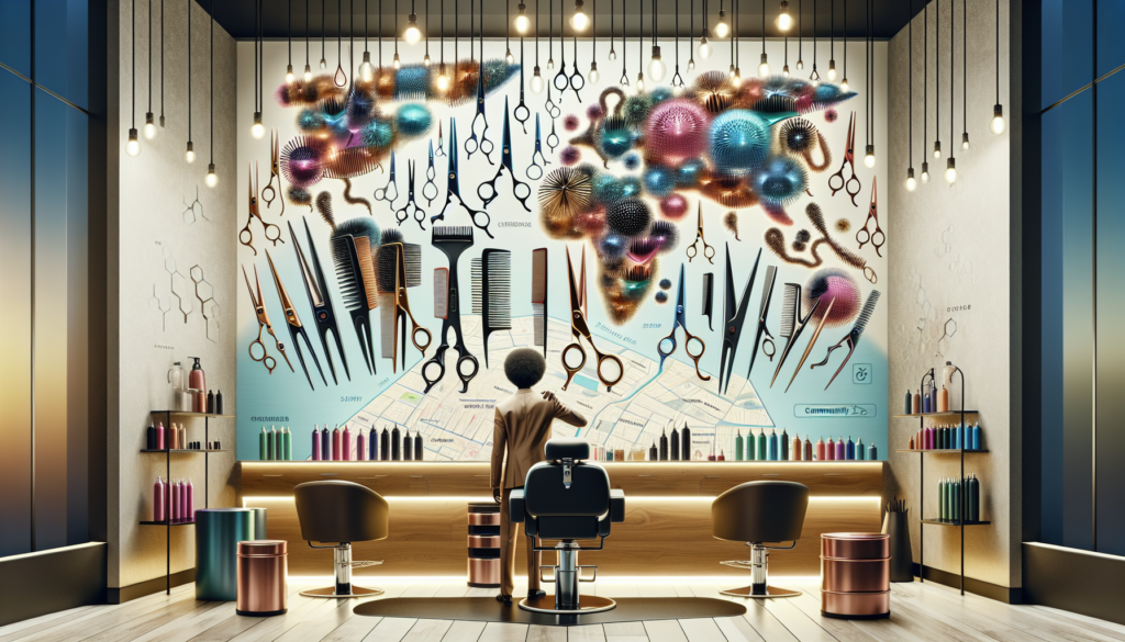 A detailed illustration of a modern, well-lit hair salon showcasing a variety of professional hair scissors on display. The scissors should vary in size, handle design, and blade type, neatly arranged