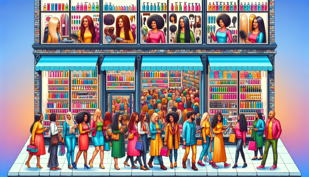 Create a vibrant and detailed illustration of a bustling street lined with multiple hair supply stores. Each store should have colorful, inviting signs indicating a variety of hair products such as wi