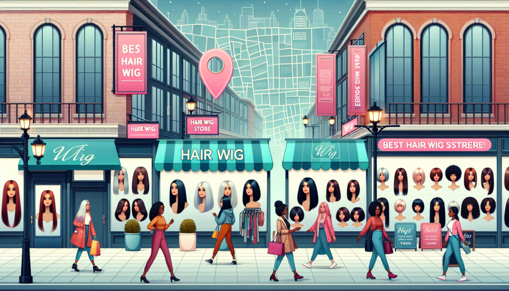 A vibrant urban street with stylish hair wig stores, showcasing diverse wig styles in their window displays. Signs highlighting 'Best Hair Wig Store' with customers happily trying on various wigs insi