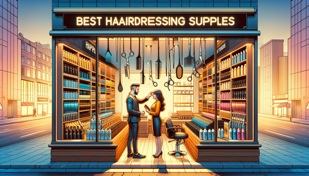 Create an image of a brightly lit, modern hairdressing supply store with neatly organized shelves stocked with high-quality hairdressing tools such as scissors, clippers, combs, and brushes. In the ba