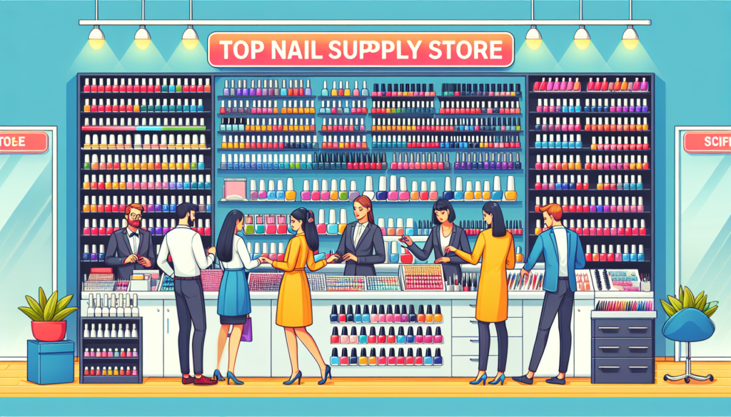 A vibrant and well-organized nail supply store with shelves filled with various nail polishes, tools, and accessories. The store interior features a welcoming atmosphere with bright lighting and a nea