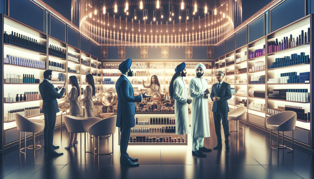 Illustrate an upscale salon with various high-quality beauty products on display, such as hair care items, skincare products, and professional tools. The scene is bustling with salon professionals exa