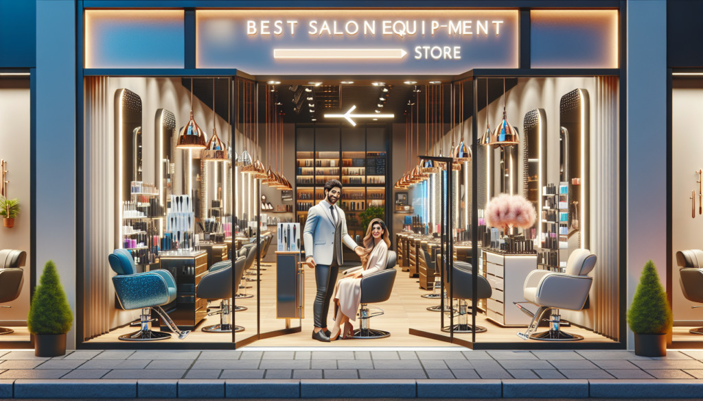 An inviting and well-lit salon equipment store filled with modern, sleek salon chairs, mirrors, hair styling tools, and vibrant product displays. A friendly shop assistant is seen helping a customer w