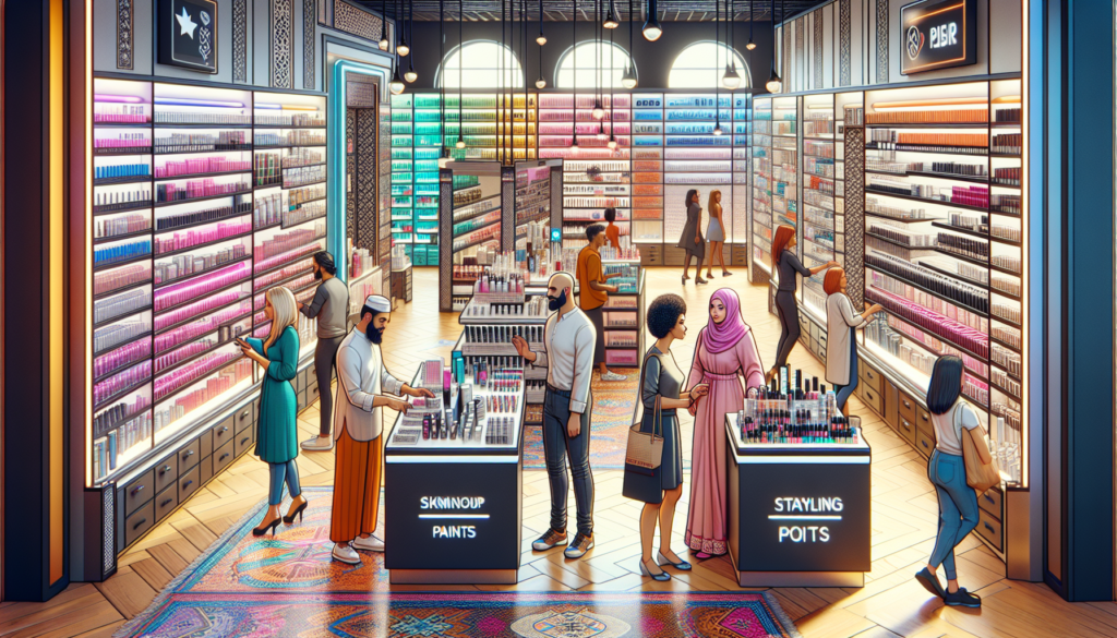 Create a vibrant and organized interior of a beauty salon supplies store, showcasing a wide array of products like hair care, skincare, nail polish, and styling tools. The scene should include custome