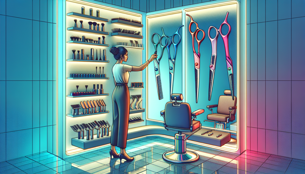 Create an image depicting a professional left-handed barber in a modern, stylish barbershop carefully selecting a pair of premium left-handed barber scissors from an array of various high-quality opti