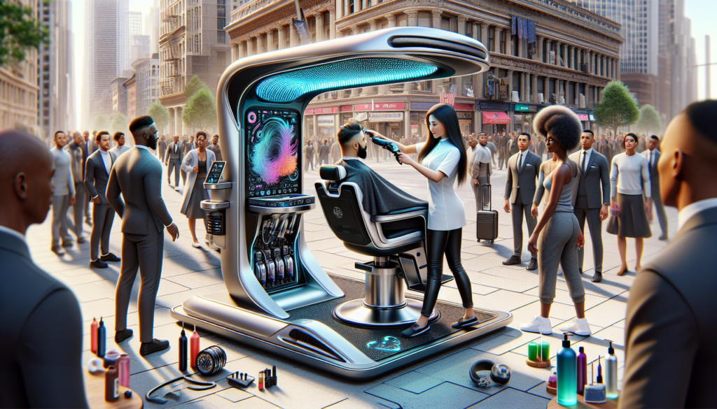 Create an image of a futuristic, high-tech mobile barber chair in use on a bustling city street. The chair should have sleek, modern design elements with built-in tools and gadgets for grooming. Show