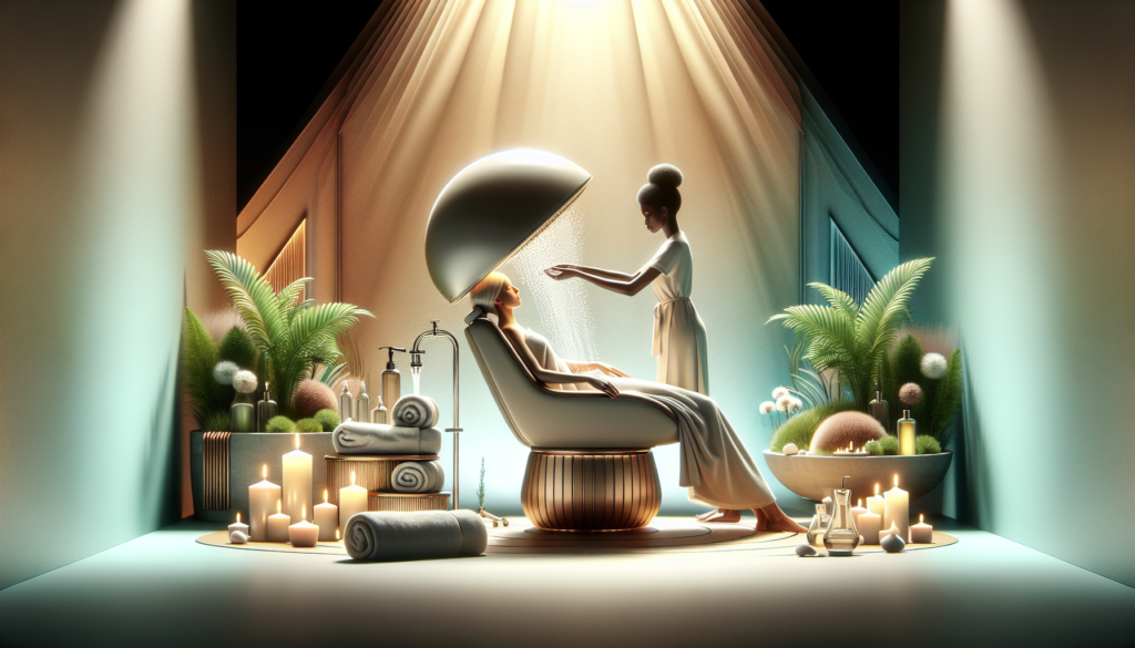 A serene spa setting featuring a luxurious massage shampoo chair, with gentle ambient lighting and aromatherapy candles. A person reclines comfortably in the chair while a professional masseuse gently