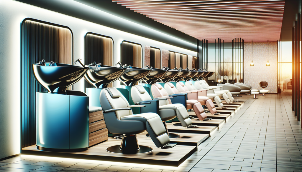 Create an image of a sleek, modern salon interior with a variety of AGS shampoo bowls displayed side-by-side. Each bowl should have a distinct design, showcasing various features such as ergonomic sha