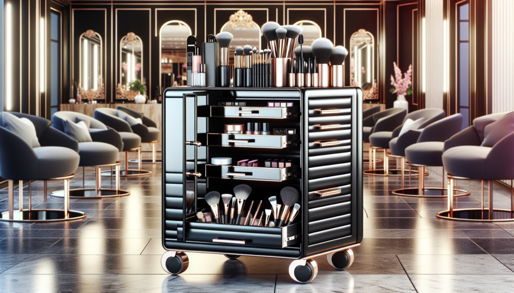 Create an image of a sleek and stylish black beauty trolley placed in a luxurious and modern salon setting. The trolley should feature multiple drawers and compartments, filled with high-end beauty pr