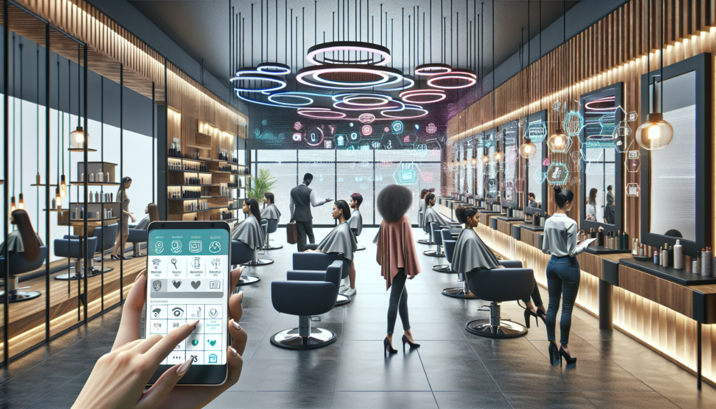 Create an image of a modern hair salon with stylish interiors and professionals attending to clients. On one side, show a person using a smartphone app to book a hair appointment, highlighting a sleek