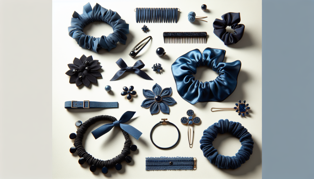 Create a visually appealing image showcasing a collection of trendy navy blue hair accessories. Include items such as headbands, hair clips, scrunchies, and hairpins, all elegantly arranged on a light