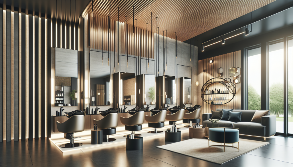 Create an image of a modern, chic salon interior featuring stylish and affordable furniture from Bi Rite. Showcase sleek hairdressing chairs, contemporary hair wash stations, elegant mirrors with ambi