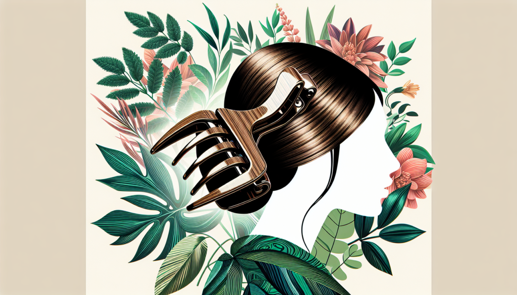 Create an image of a close-up of a woman’s hair elegantly styled using a modern, eco-friendly claw clip made from sustainable materials like bamboo or recycled plastic. The clip is sleek, stylish, and
