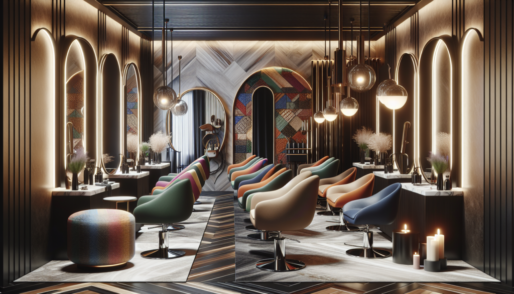Create an image of a contemporary salon interior featuring a variety of stylish and unique salon chairs. The scene should show chic, modern design elements, with chairs that have distinct patterns, vi