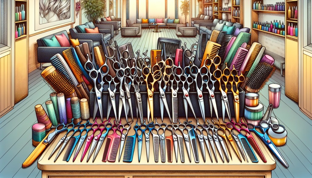 Create a detailed and vibrant illustration of various high-quality hair stylist scissors arranged neatly on a professional salon workstation. Include a variety of scissors, such as thinning shears, te
