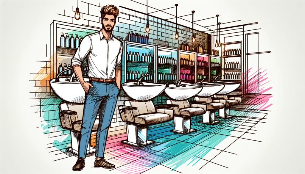Create an illustration of a modern, stylish salon showcasing various types of shampoo sinks. Show a professional stylist demonstrating the use of a high-end shampoo sink with built-in features like er