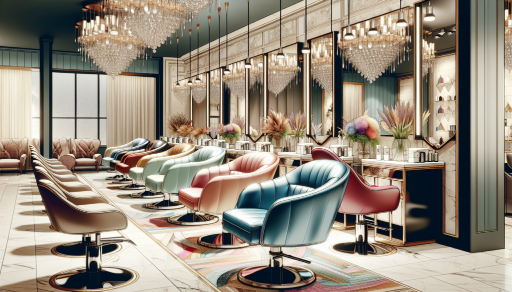 Create an image of a modern, stylish salon with five different luxurious salon chairs prominently displayed. Each chair should have a distinct design and color, showcasing both comfort and elegance. T