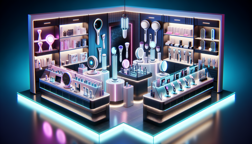 Create an image of a modern, sleek beauty equipment store with well-lit shelves displaying a wide array of high-tech beauty devices like facial cleansing brushes, LED light therapy masks, microdermabr