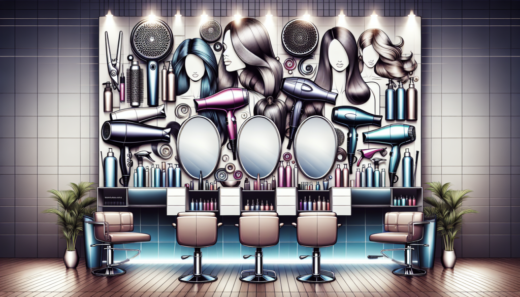 An array of top-of-the-line blow dryers displayed on a sleek, modern salon station, with a stylish backdrop featuring a mirror, various hair products, and professional salon tools. Each blow dryer is