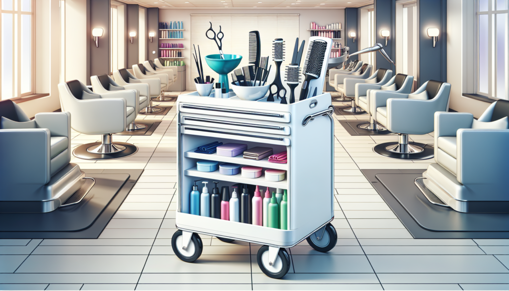 Create an image of a sleek, modern white hairdressing trolley in a stylish, well-lit salon. The trolley should feature multiple compartments, including open shelves, closed drawers, and a top surface